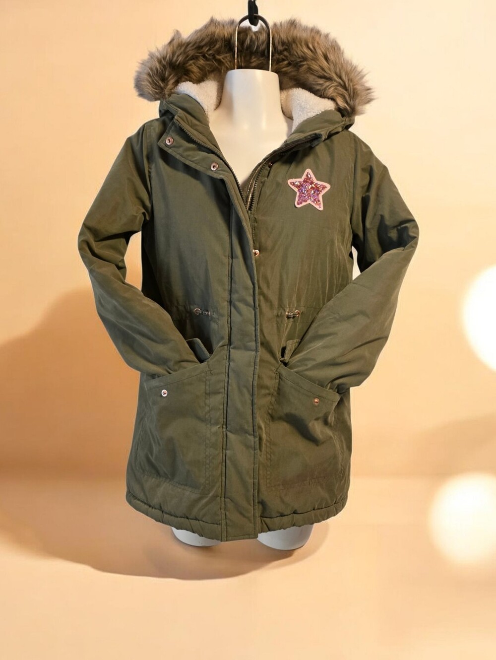 **George Girls Olive Green Faux Fur Hood Parka Size 10-12**